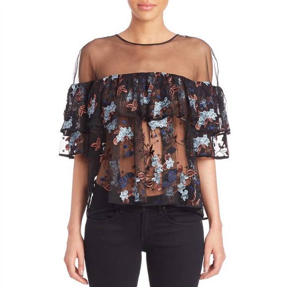 CINQ A SEPT Tops - NEW CINQ A SEPT korus caspian ruffle sheer top in black